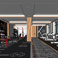 Modern Fitness Gym Interior With Treadmills Dumbbells Track Lines Wooden Decor