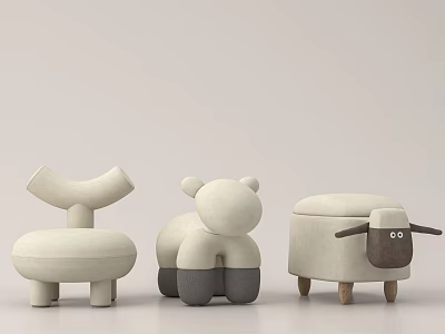 Cute Kids Chairs With Animal And Abstract Shapes Beige Gray Wooden Legs 3d model