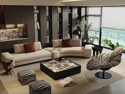 Modern Living Room With Beige L-shaped Sofa Red Cushions Zebra-patterned Chair Black Marble Coffee Table 3d model
