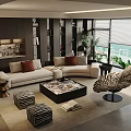 Modern Living Room With Beige L-shaped Sofa Red Cushions Zebra-patterned Chair Black Marble Coffee Table