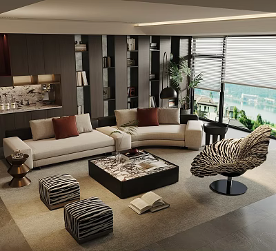 Modern Living Room With Beige L-shaped Sofa Red Cushions Zebra-patterned Chair Black Marble Coffee Table 3d model