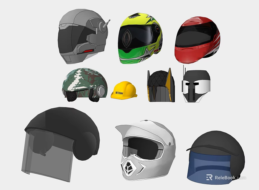 Different Types of Helmets with Various Colors and Designs for Safety and Sports 3d model 