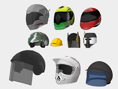 Different Types of Helmets with Various Colors and Designs for Safety and Sports 3d model