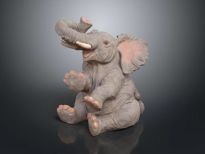 Cute Elephant Sculpture In Sitting Pose With Raised Trunk Large Ears And White Tusks 3d model