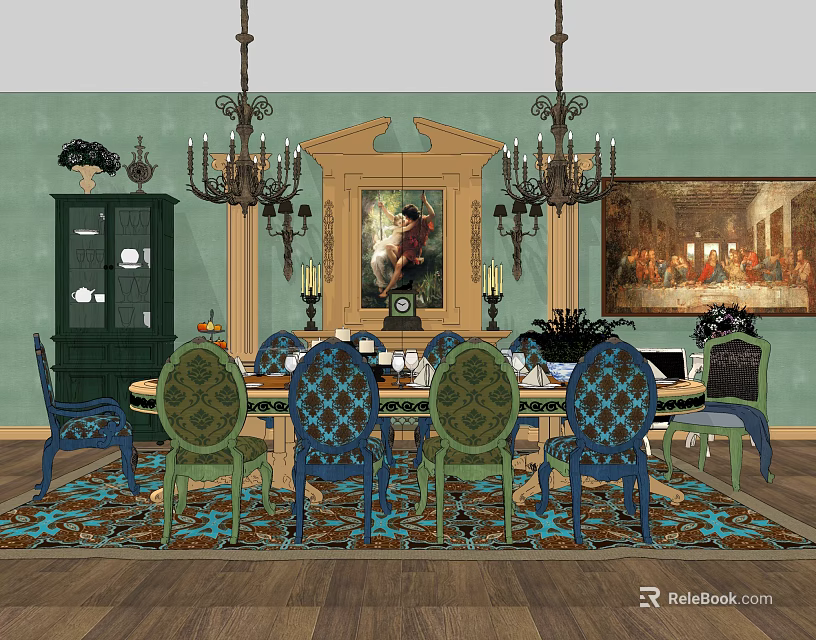 Elegant Dining Table Set with Colorful Chairs Chandeliers and Green Wall Paintings 3d model 