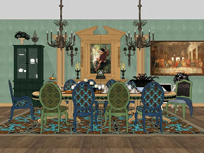 Elegant Dining Table Set with Colorful Chairs Chandeliers and Green Wall Paintings 3d model