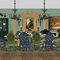 Elegant Dining Table Set with Colorful Chairs Chandeliers and Green Wall Paintings