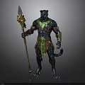 Panther Themed Warrior Character With Green Gold Accents And Decorative Staff