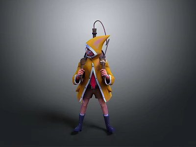 Man Wearing Hooded Yellow Coat With Shark Fin Design Backpack And Purple Boots 3d model