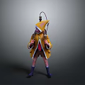 Man Wearing Hooded Yellow Coat With Shark Fin Design Backpack And Purple Boots