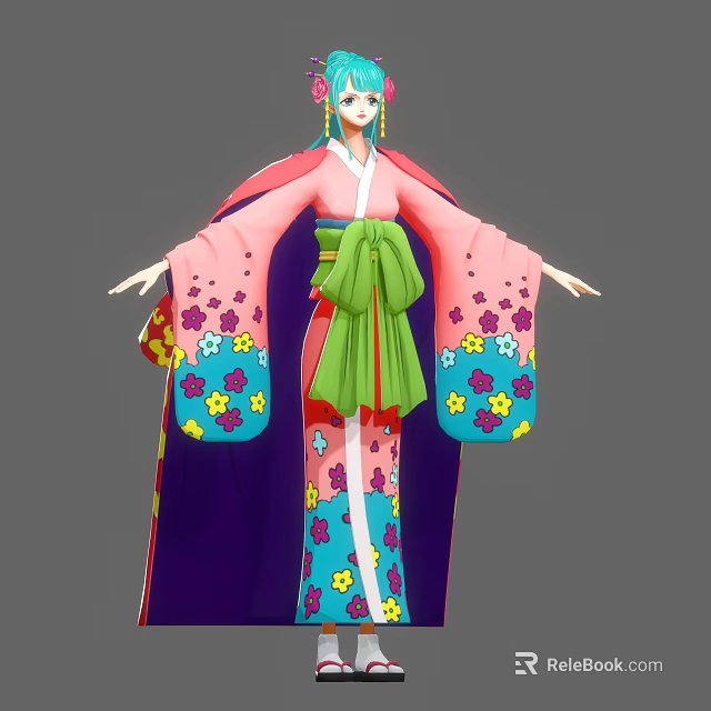 Game And Movie Character In Pink Kimono With Green Obi Floral Patterns And Blue Sleeves 3d model 