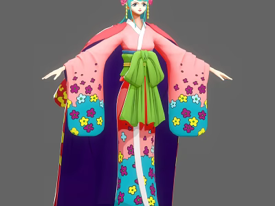 Game And Movie Character In Pink Kimono With Green Obi Floral Patterns And Blue Sleeves 3d model