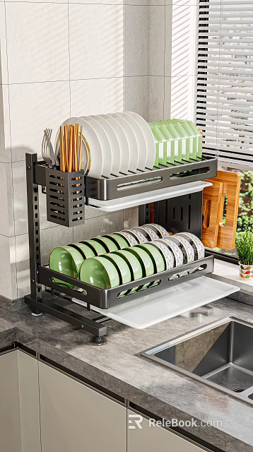 Kitchenware Double Layer Dish Rack with Black Frame Green Plates Bowls on Kitchen Countertop 3d model 