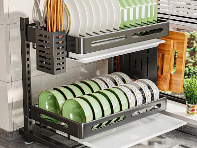 Kitchenware Double Layer Dish Rack with Black Frame Green Plates Bowls on Kitchen Countertop 3d model