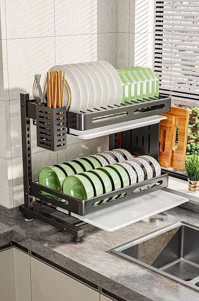 Kitchenware Double Layer Dish Rack with Black Frame Green Plates Bowls on Kitchen Countertop 3d model