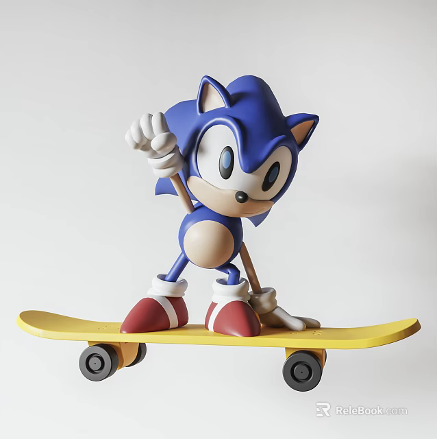 Blue Sonic the Hedgehog Plush Toy Standing on Yellow Skateboard with Red Shoes 3d model 