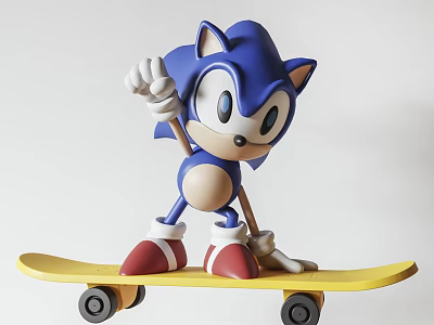 Blue Sonic the Hedgehog Plush Toy Standing on Yellow Skateboard with Red Shoes 3d model