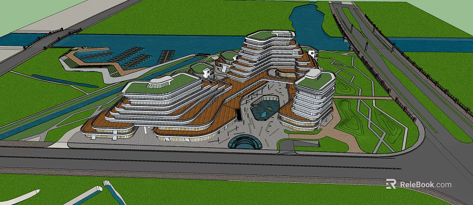 Modern Architectural Complex Design With Green Roofs Water Features And Open Spaces 3d model