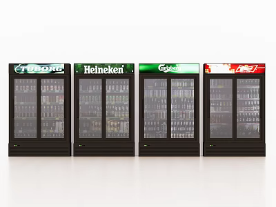 Commercial Beverage Display Refrigerators With Branded Logos And Glass Doors In Row 3d model