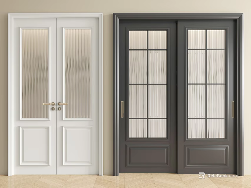 White and Dark Gray Double Doors with Frosted Ribbed and Grid Glass for Interior Design 3d model 