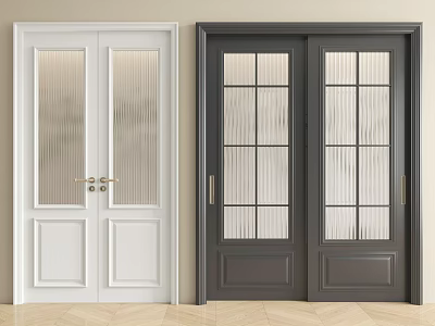 White and Dark Gray Double Doors with Frosted Ribbed and Grid Glass for Interior Design 3d model