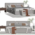 Gray Upholstered Double Bed with Soft Pillows Nightstand Bench and Patterned Rug 3d model