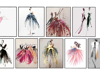 Fashion Illustrations of Female Figures with Colorful Dress Designs and Artistic Details 3d model