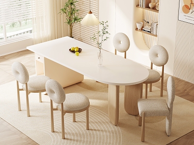 Modern Cream Style Dining Table and Chair Combination Fabric Backrest Chair Book Ornaments Potted Plant Decorative Painting Carpet model