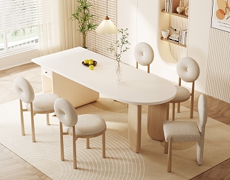 Modern Cream Style Dining Table and Chair Combination Fabric Backrest Chair Book Ornaments Potted Plant Decorative Painting Carpet 3d model