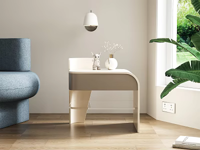 Modern Bedside Table with Lamp Vase White Flowers Toy Blue Sofa Green Plant Wooden Floor 3d model