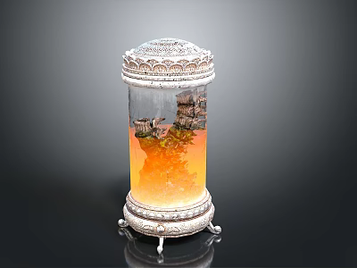 Ornate Decorative Column With Silver Top Base Transparent Body And Rockery Landscape 3d model
