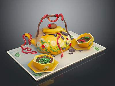 Yellow Teapot With Red Decorations And Floral Patterns On White Tray With Green Leaf Bowls 3d model