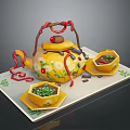 Yellow Teapot With Red Decorations And Floral Patterns On White Tray With Green Leaf Bowls