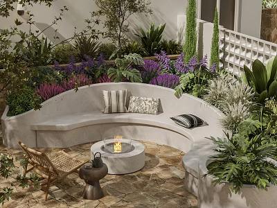 Residential Landscape With Circular Fire Pit Curved White Bench Cushions Green Plants Purple Flowers 3d model