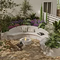 Residential Landscape With Circular Fire Pit Curved White Bench Cushions Green Plants Purple Flowers