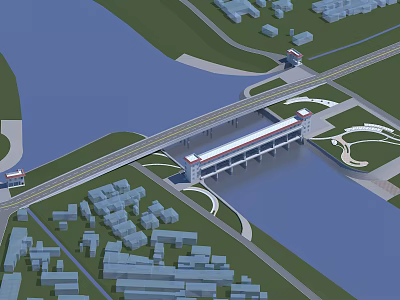 Water Dam Structure With Surrounding Water Area Roads And Green Spaces 3d model