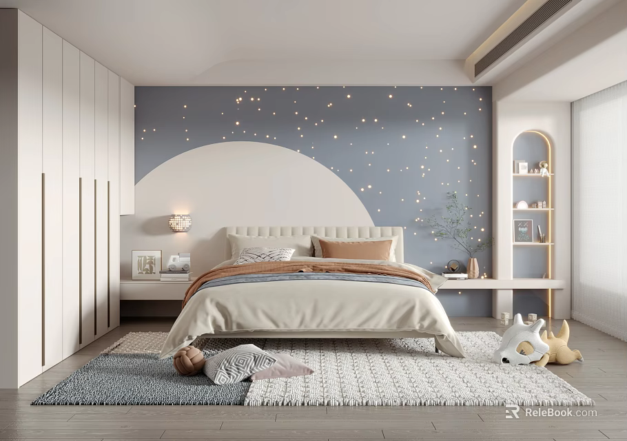 Kids Room Interior With Starry Blue Wall White Wardrobes Beige Bed Soft Rug And Toys 3d model 