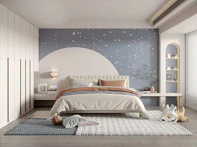 Kids Room Interior With Starry Blue Wall White Wardrobes Beige Bed Soft Rug And Toys 3d model