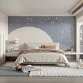 Kids Room Interior With Starry Blue Wall White Wardrobes Beige Bed Soft Rug And Toys