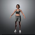 Woman in Gray Sports Bra and Shorts Standing with White Sneakers on Gray Background