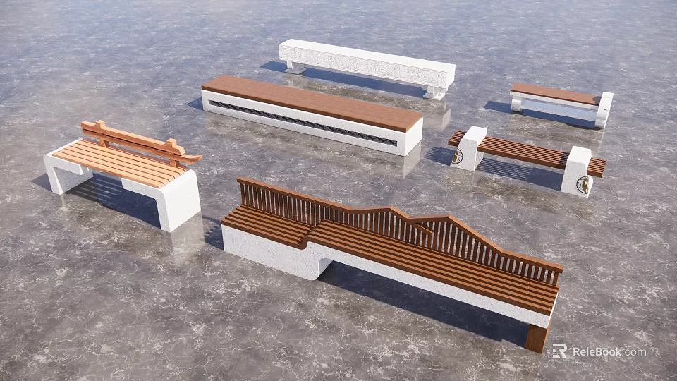 Modern Landscape Benches With Wooden Seats And Stone Bases For Outdoor Gardens 3d model 