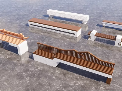 Modern Landscape Benches With Wooden Seats And Stone Bases For Outdoor Gardens 3d model