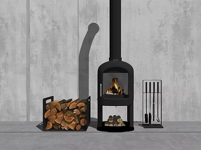 Black Modern Fireplace with Firewood Storage Rack and Tools in Gray Interior 3d model