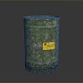 Green Rusty Metal Drum With Yellow Hazardous Waste Label On Dark Surface