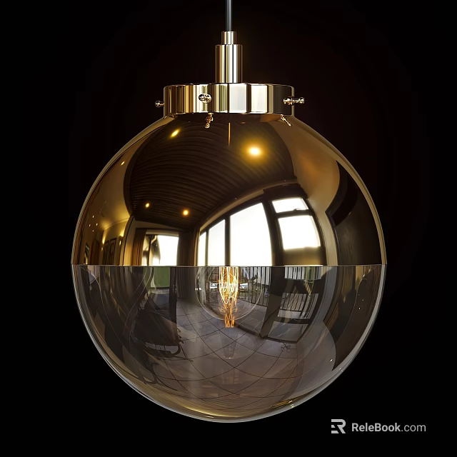 Spherical Glass Globe Chandelier With Metallic Finish And Interior Reflections Wooden Ceiling And Window Light 3d model 