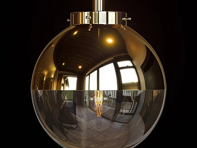 Spherical Glass Globe Chandelier With Metallic Finish And Interior Reflections Wooden Ceiling And Window Light 3d model