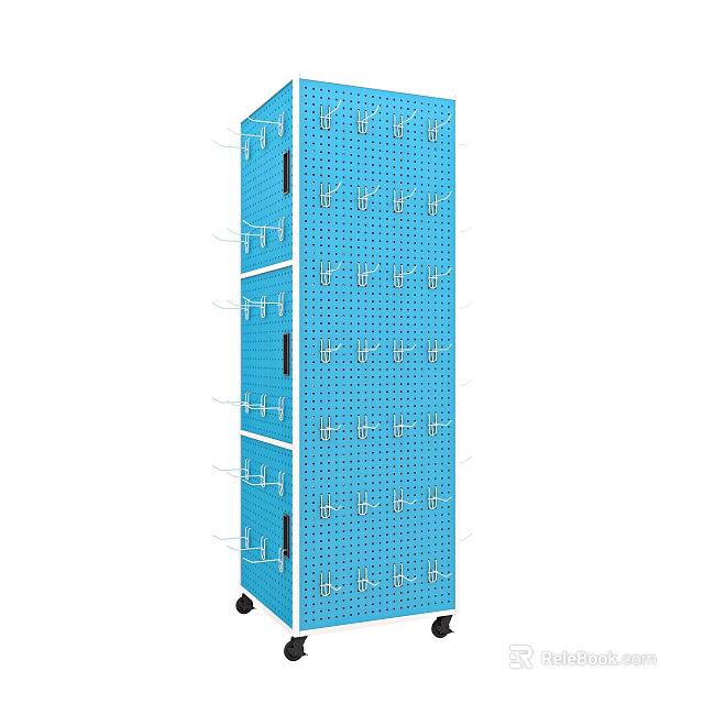 Blue Multi Layer Perforated Display Shelf with Storage Hooks and Wheels 3d model 