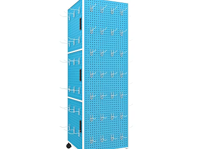 Blue Multi Layer Perforated Display Shelf with Storage Hooks and Wheels 3d model