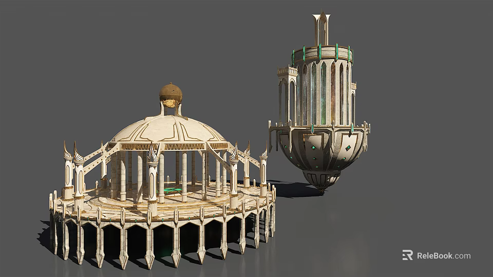 Ancient Themed 3D Architectural Models With Domed Pavilion And Tower Structure 3d model 