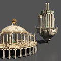 Ancient Themed 3D Architectural Models With Domed Pavilion And Tower Structure 3d model